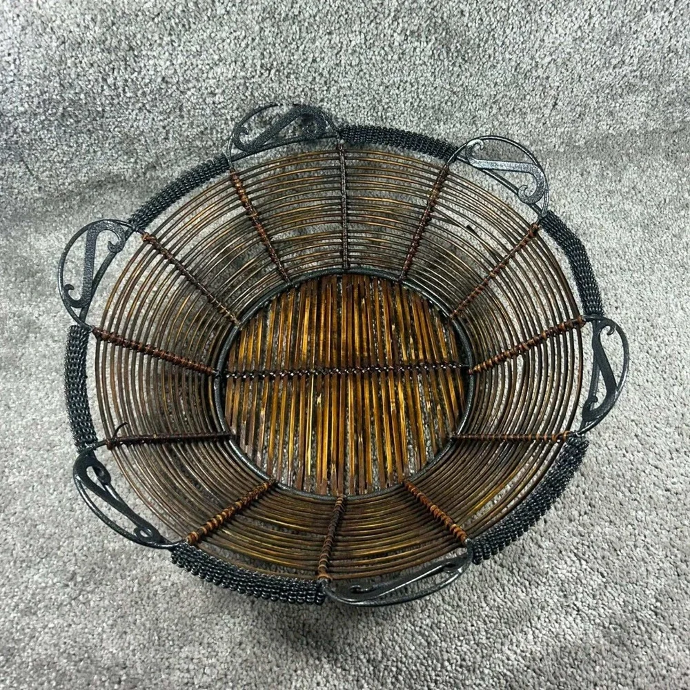 Wood Metal Wire Decorative Bowl Brown Scroll Handle Rustic Large 12in
